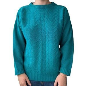 Vintage 1980s Teal Blue Angora Lambswool Chunky Cable Knit Sweater Sz M